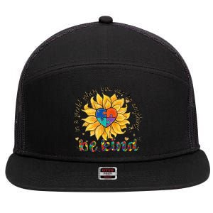 Be Kind Sunflower Autism Mom Dad Wo kid Autism Awareness 7 Panel Mesh Trucker Snapback Hat