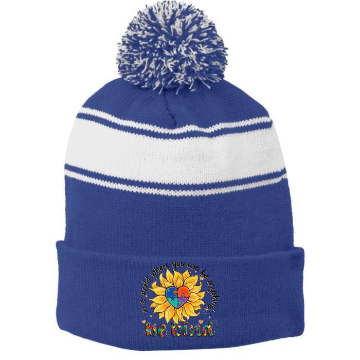 Be Kind Sunflower Autism Mom Dad Wo kid Autism Awareness Stripe Pom Pom Beanie