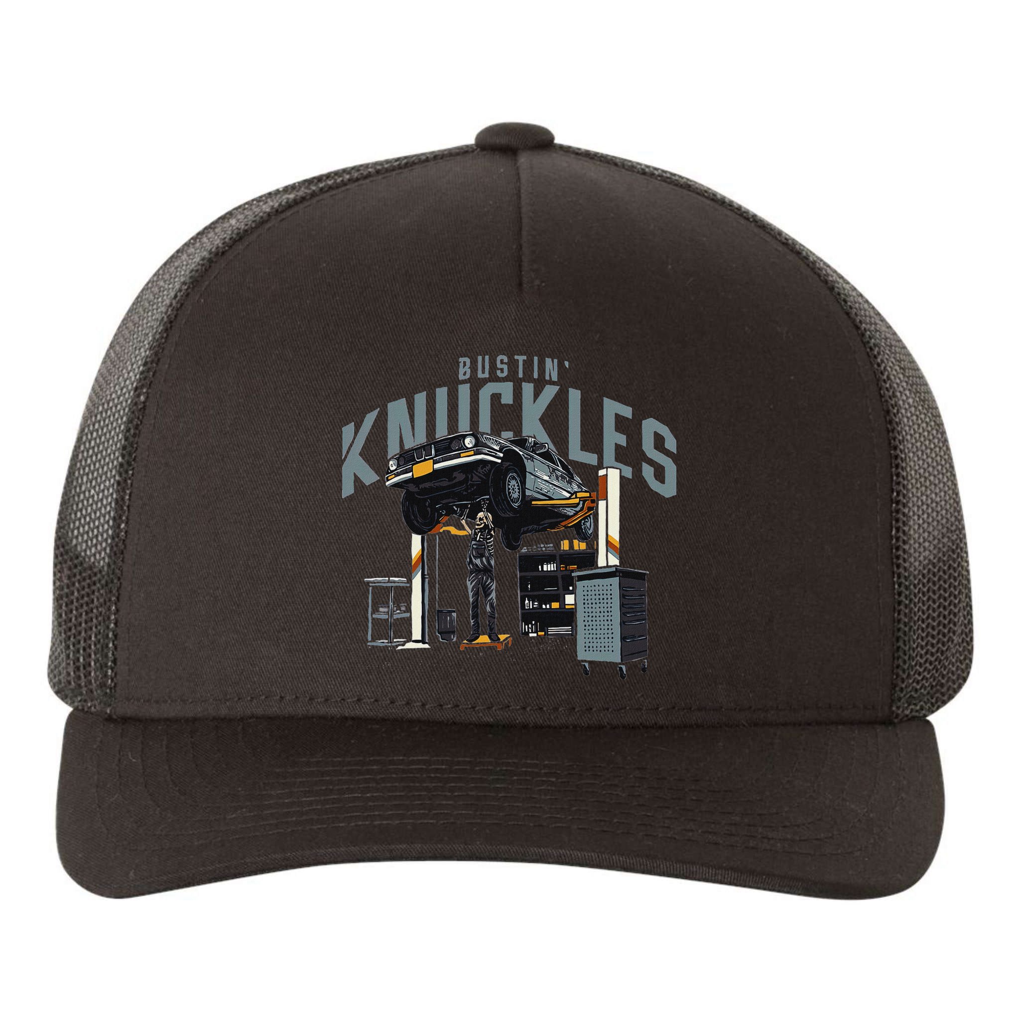 Bustin Knuckles Skeleton Auto Mechanic Humor Yupoong Adult 5-Panel Trucker Hat