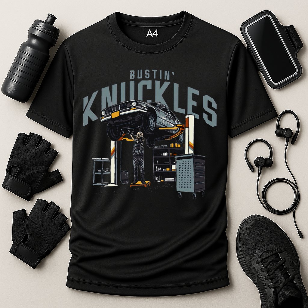 Bustin Knuckles Skeleton Auto Mechanic Humor Performance Shirt