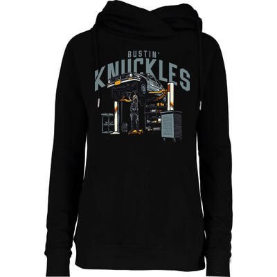 Bustin Knuckles Skeleton Auto Mechanic Humor Womens Funnel Neck Pullover Hood