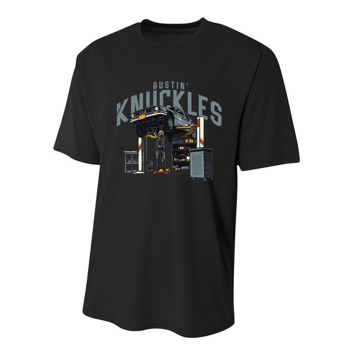 Bustin Knuckles Skeleton Auto Mechanic Humor Youth Performance Sprint T-Shirt
