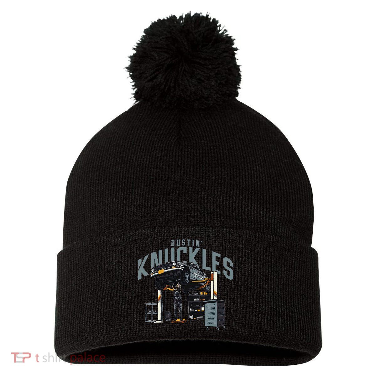 Bustin Knuckles Skeleton Auto Mechanic Humor Pom Pom 12in Knit Beanie