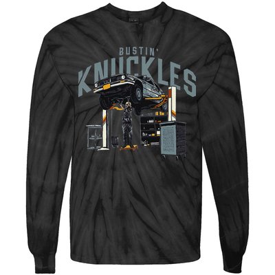 Bustin Knuckles Skeleton Auto Mechanic Humor Tie-Dye Long Sleeve Shirt