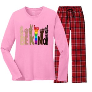 Be Kind Sign Language LGBT AntiRacism Kindness Raise Hand Women's Long Sleeve Flannel Pajama Set 