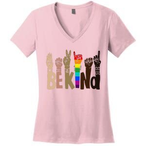 Be Kind Sign Language LGBT AntiRacism Kindness Raise Hand Women's V-Neck T-Shirt