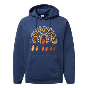 Be Kind Sign Language Rainbow Leopard Black Orange Unity Day Performance Fleece Hoodie