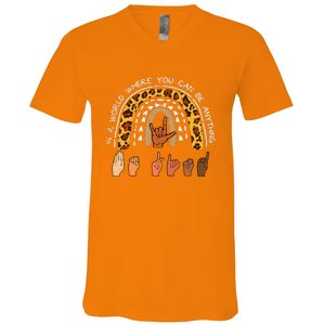 Be Kind Sign Language Rainbow Leopard Black Orange Unity Day V-Neck T-Shirt