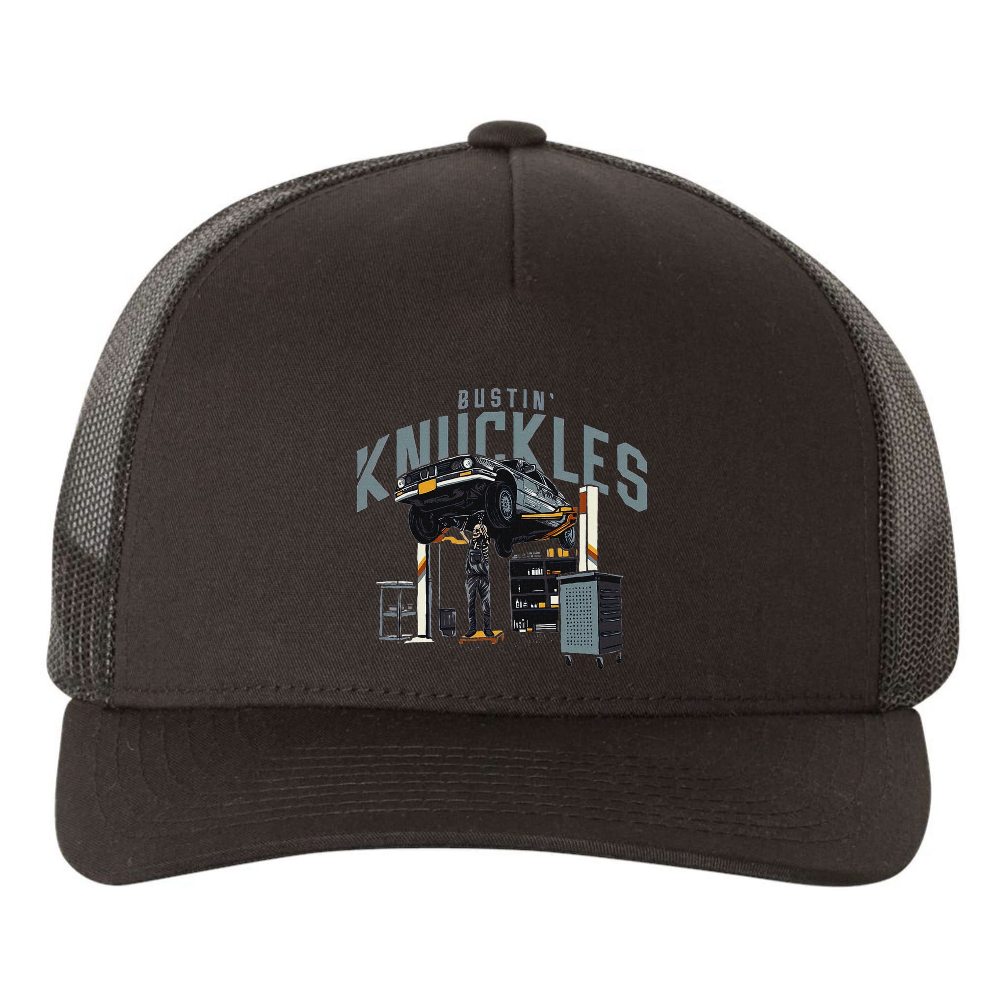 Bustin Knuckles Skeleton Auto Mechanic Yupoong Adult 5-Panel Trucker Hat