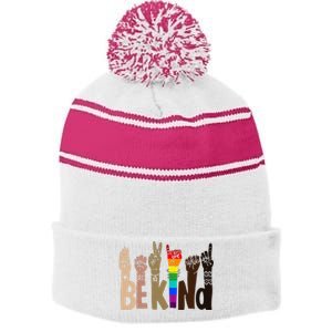 Be Kind Sign Language LGBT Anti-Racism Kindness Raise Hand Stripe Pom Pom Beanie