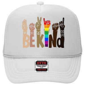 Be Kind Sign Language LGBT Anti-Racism Kindness Raise Hand High Crown Mesh Back Trucker Hat