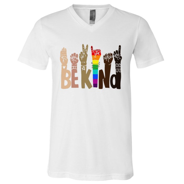 Be Kind Sign Language LGBT Anti-Racism Kindness Raise Hand V-Neck T-Shirt