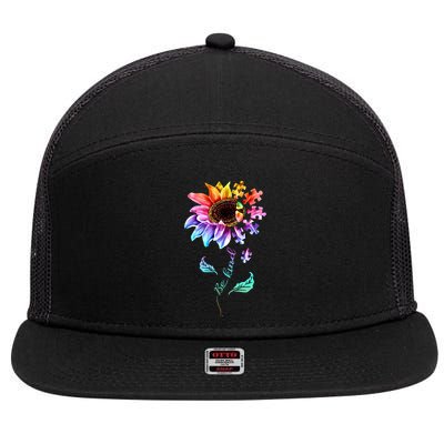 Be Kind Sunflower Autism Awareness Be Kind Autism Gift 7 Panel Mesh Trucker Snapback Hat