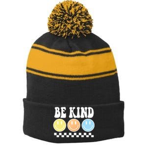 Be Kind Smiley Retro Stripe Pom Pom Beanie