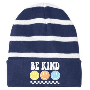 Be Kind Smiley Retro Striped Beanie with Solid Band