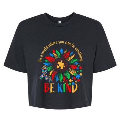 Be Kind Sunflower Autism It's Ok To Be Different Mom Autism Bella+Canvas Jersey Crop Tee