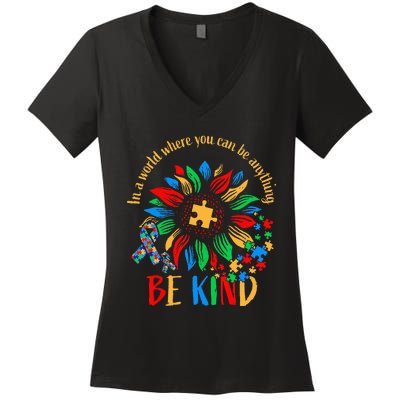 Be Kind Sunflower Autism It's Ok To Be Different Mom Autism Women's V-Neck T-Shirt