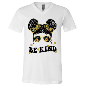 Be Kind Sunflower Hair Bun Spring V-Neck T-Shirt