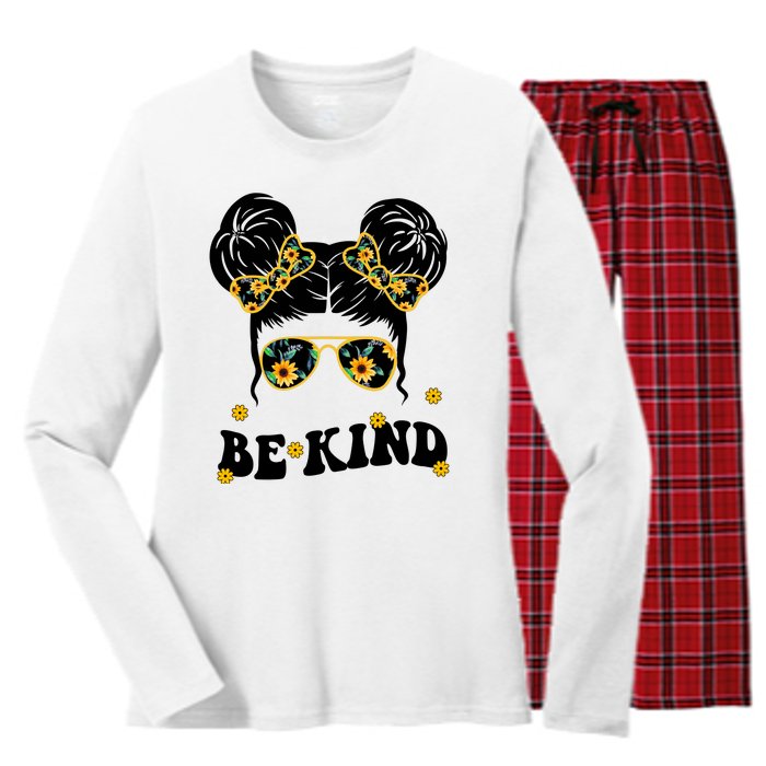 Be Kind Sunflower Hair Bun Spring Women's Long Sleeve Flannel Pajama Set 