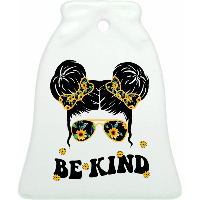 Be Kind Sunflower Hair Bun Spring Ceramic Bell Ornament