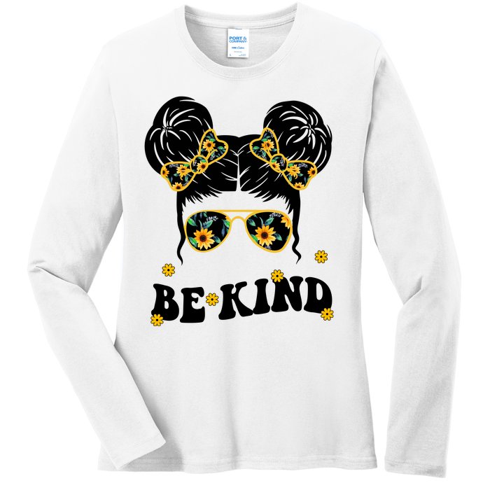 Be Kind Sunflower Hair Bun Spring Ladies Long Sleeve Shirt