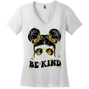 Be Kind Sunflower Hair Bun Spring Women's V-Neck T-Shirt