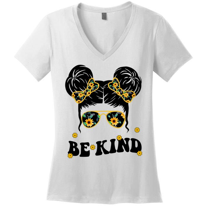 Be Kind Sunflower Hair Bun Spring Women's V-Neck T-Shirt