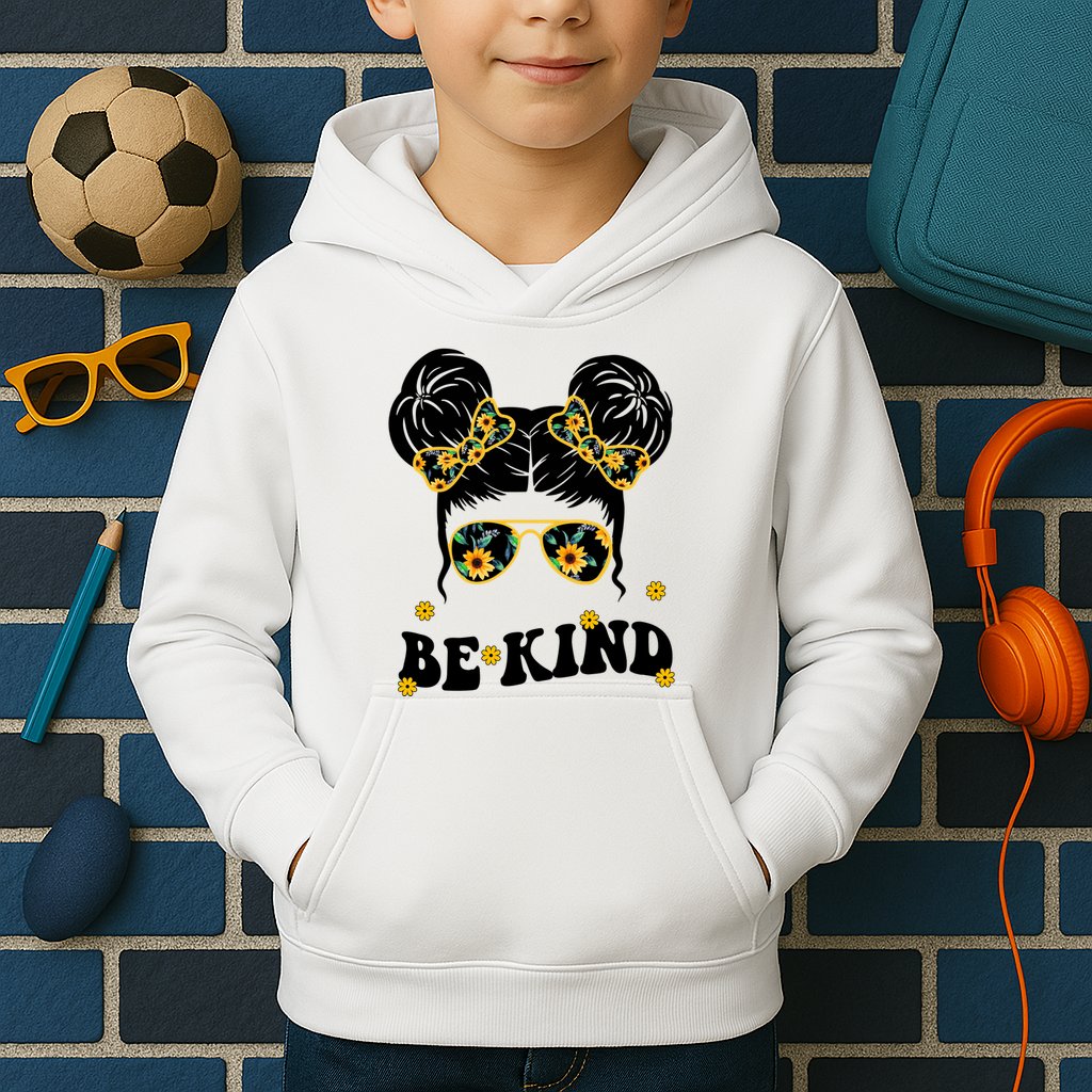 Be Kind Sunflower Hair Bun Spring Kids Hoodie