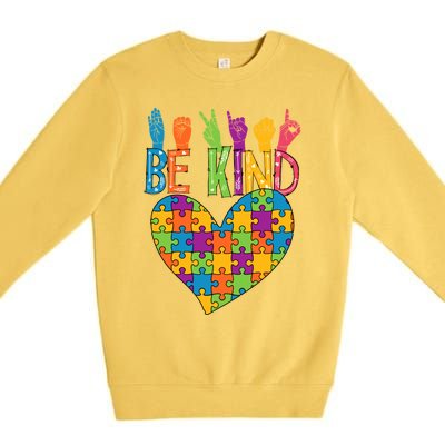 Be Kind Sign Language Heart Puzzle Piece Teachers Asl Autism Gift Premium Crewneck Sweatshirt