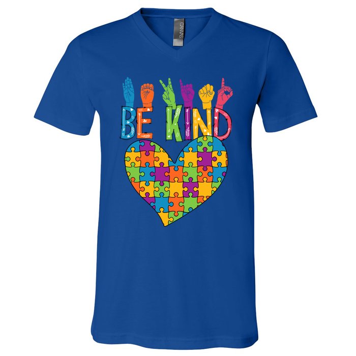 Be Kind Sign Language Heart Puzzle Piece Teachers Asl Autism Gift V-Neck T-Shirt