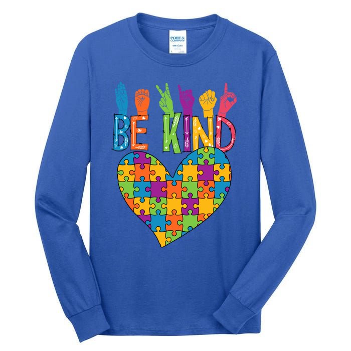 Be Kind Sign Language Heart Puzzle Piece Teachers Asl Autism Gift Tall Long Sleeve T-Shirt