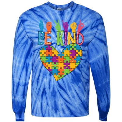 Be Kind Sign Language Heart Puzzle Piece Teachers Asl Autism Gift Tie-Dye Long Sleeve Shirt