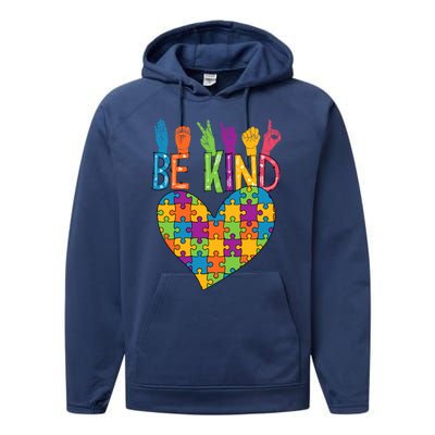 Be Kind Sign Language Heart Puzzle Piece Teachers Asl Autism Gift Performance Fleece Hoodie