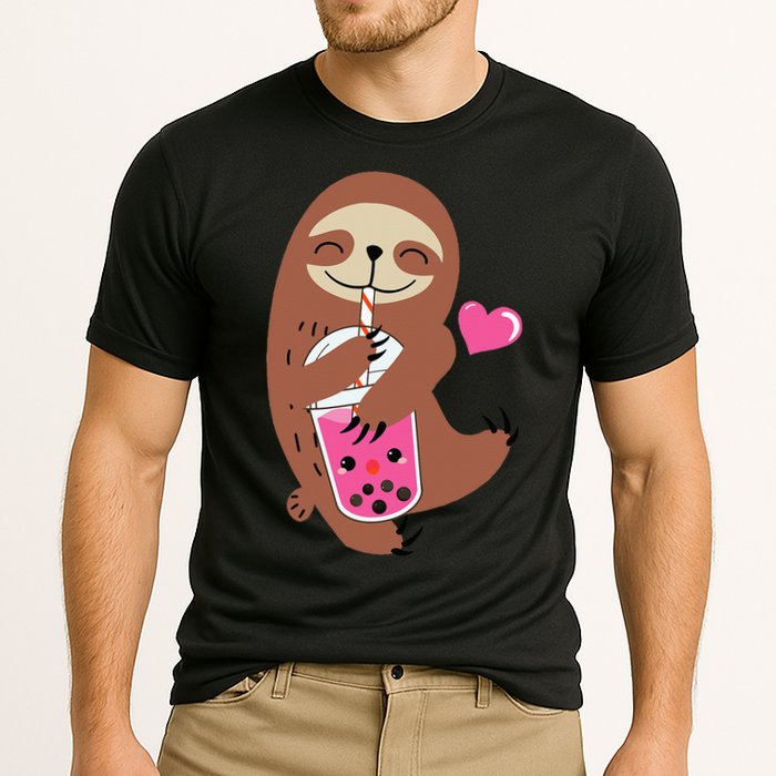Bubble Kawaii Sloth Drinking Boba Tea Cooling Performance Crew T-Shirt