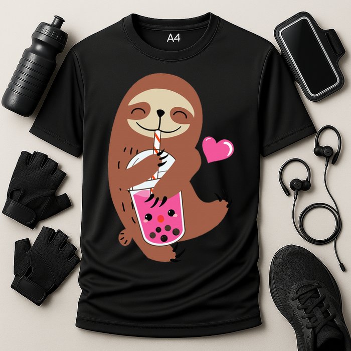 Bubble Kawaii Sloth Drinking Boba Tea Cooling Performance Crew T-Shirt