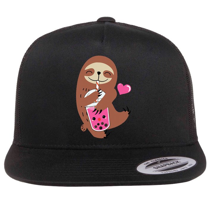 Bubble Kawaii Sloth Drinking Boba Tea Flat Bill Trucker Hat