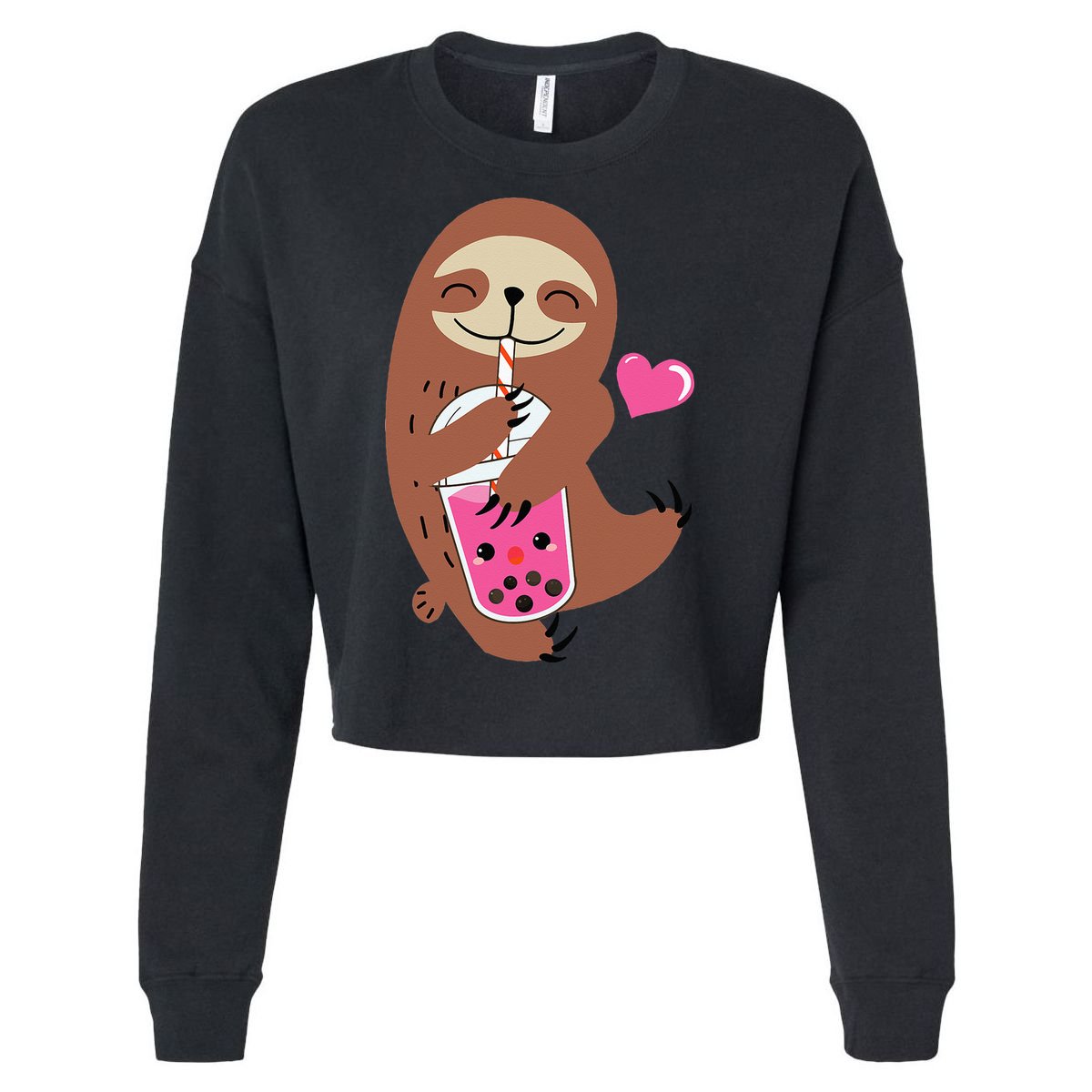 Bubble Kawaii Sloth Drinking Boba Tea Cropped Pullover Crew