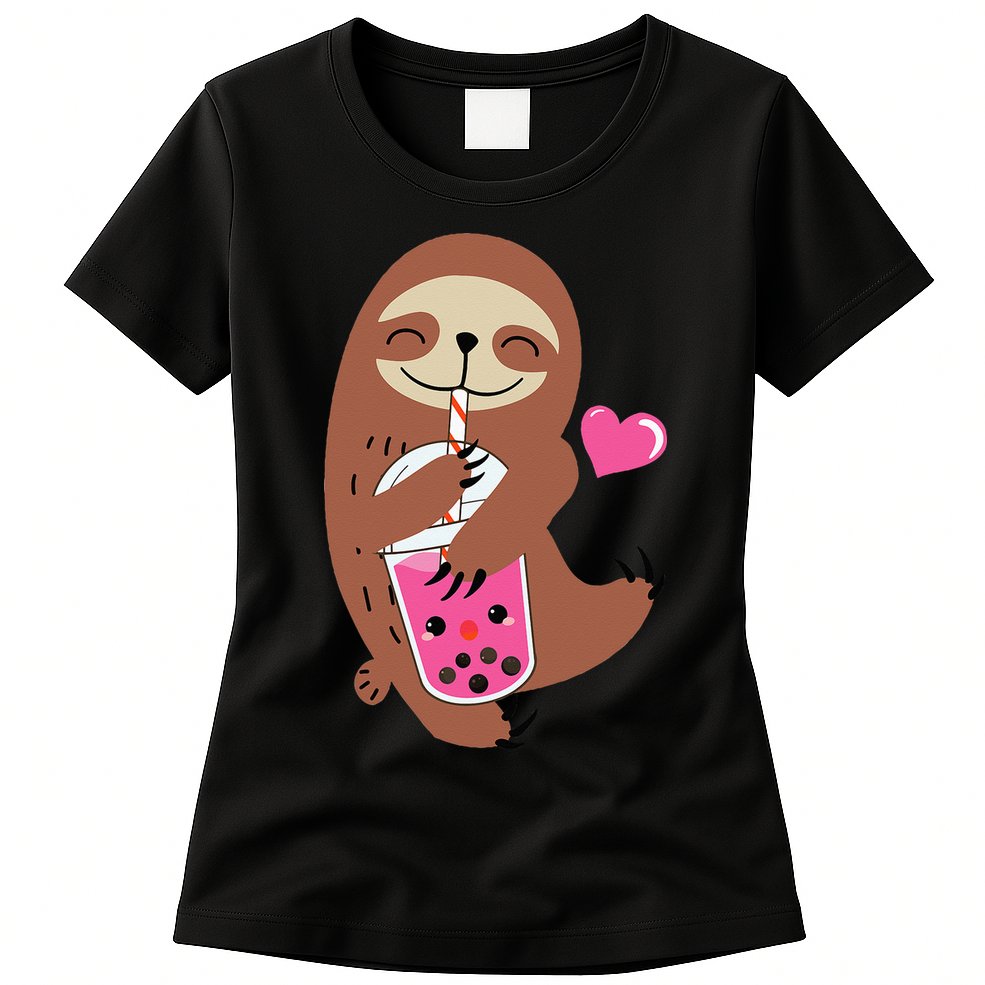 Bubble Kawaii Sloth Drinking Boba Tea Womens T-Shirt
