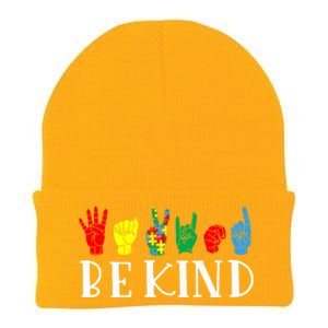 Be Kind Sign Language Autism Awareness Month Puzzle Piece Gift Knit Cap Winter Beanie