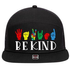 Be Kind Sign Language Autism Awareness Month Puzzle Piece Gift 7 Panel Mesh Trucker Snapback Hat