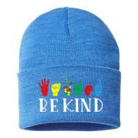 Be Kind Sign Language Autism Awareness Month Puzzle Piece Gift Sustainable Knit Beanie