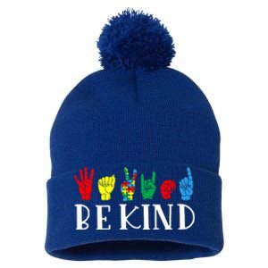 Be Kind Sign Language Autism Awareness Month Puzzle Piece Gift Pom Pom 12in Knit Beanie