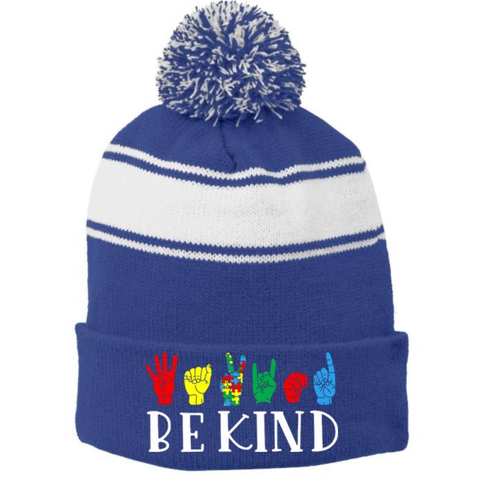 Be Kind Sign Language Autism Awareness Month Puzzle Piece Gift Stripe Pom Pom Beanie