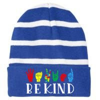 Be Kind Sign Language Autism Awareness Month Puzzle Piece Gift Striped Beanie with Solid Band