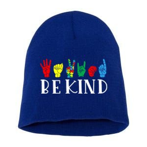 Be Kind Sign Language Autism Awareness Month Puzzle Piece Gift Short Acrylic Beanie