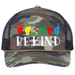 Be Kind Sign Language Autism Awareness Month Puzzle Piece Gift Retro Rope Trucker Hat Cap