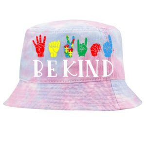 Be Kind Sign Language Autism Awareness Month Puzzle Piece Gift Tie-Dyed Bucket Hat