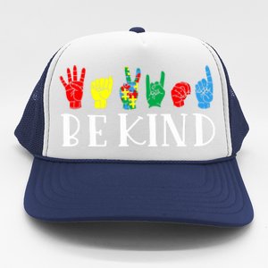 Be Kind Sign Language Autism Awareness Month Puzzle Piece Gift Trucker Hat