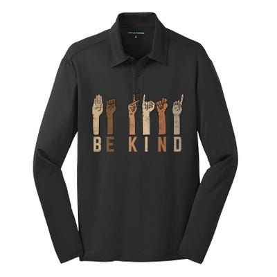 Be Kind Sign Language Fingers Melanin Distressed Style Meaningful Gift Silk Touch Performance Long Sleeve Polo