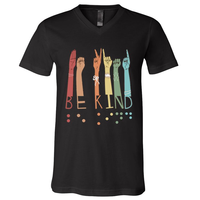 Be Kind Sign Braille Language Visually Impaired Awareness V-Neck T-Shirt